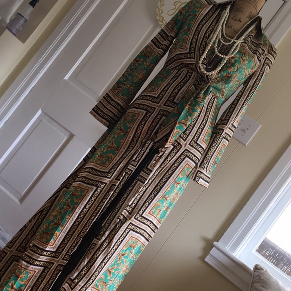 RARE • FORVER 21 • Gorgeous Baroque Maxi Coat Duster Green, Gold, Black & White - Picture 8 of 16